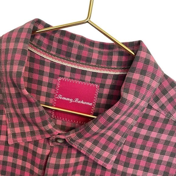 Tommy Bahama Silk Button Down Pink Grey Checked Shirt Size XL - Picture 3 of 9